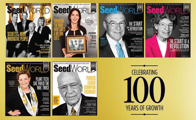 Six founders were celebrated as part of the 2015 cover lineup: Harry Stine (January), Norman Borlaug (February), Mary-Dell Chilton and Robb Fraley (June), Bernice Slutsky (September) and Owen Newlin (October). 