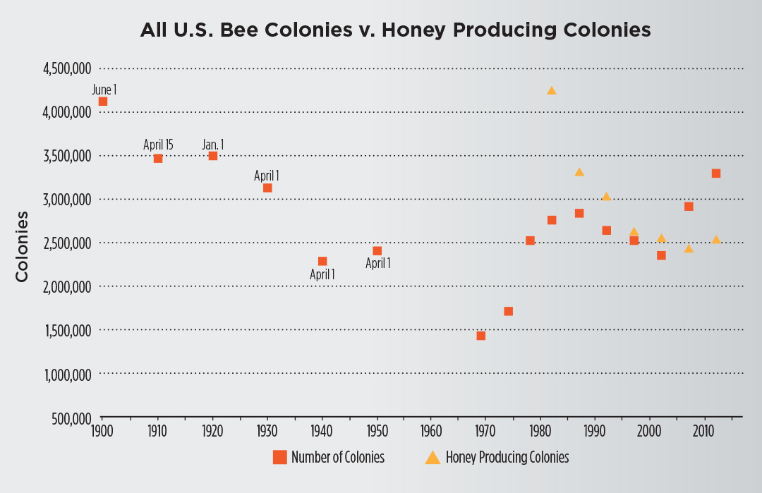 The total number of honeybee colonies on farms Dec. 31 (unless noted) has doubled since the 1970s, according to USDA. It’s important to note that beekeepers who did not meet USDA’s definition of a farm are not included — any place from which $1,000 or more of agricultural products were produced and sold. Meanwhile, honey producing colonies on farms has steadily decreased since it was first tracked in the 1980s. For data collected on honey producing colonies: a) Only producers with five-plus colonies were surveyed; b) Colonies that produced honey in more than one state were counted in each state; c) Honey can be taken from colonies which did not survive the entire year. Source: USDA.