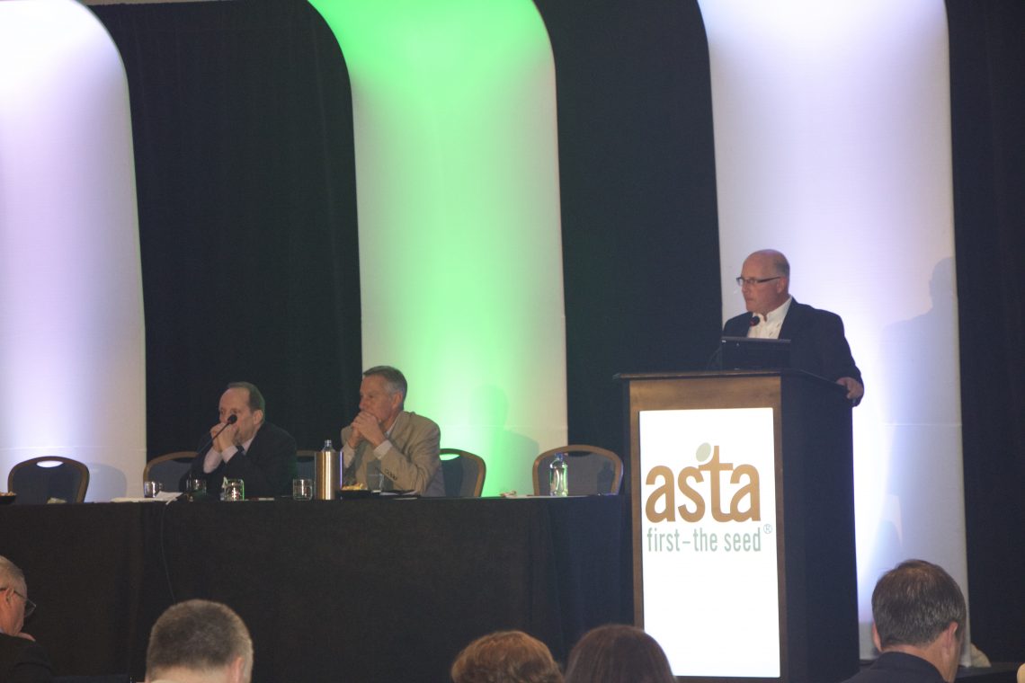 The University of Florida's David Clark, a professor of environmental horticulture, facilitates questions after a series of discussions related to the vegetable and flower seed industry at the American Seed Trade Association's 2015 Vegetable & Flower Seed Conference in Tampa, Florida.