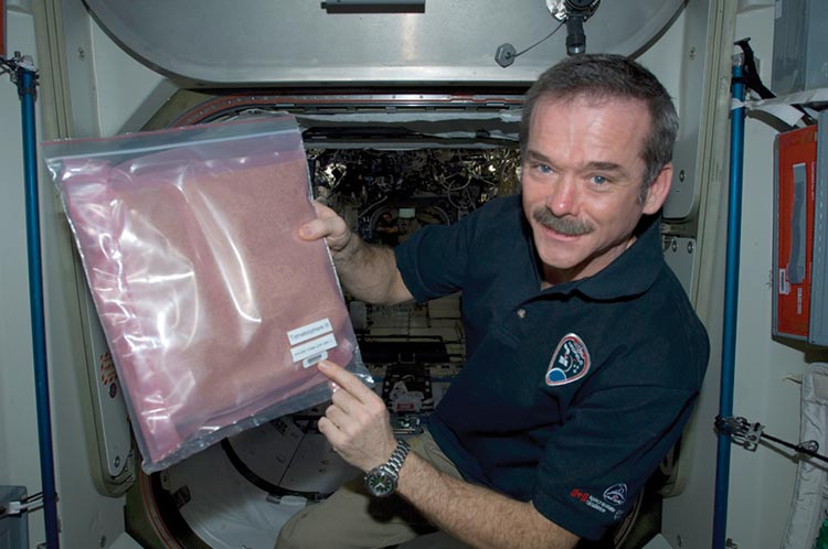 Chris Hadfield, the first Canadian to walk in space, holds a bag of tomato seeds aboard the International Space Station in 2013. The seeds were sent to the ISS as part of the Tomatosphere program, which exposes tomato seeds to space conditions to see if they will germinate afterward. The seeds are then sent to schools where students can grow them and immerse themselves firsthand in the cause of space exploration.  