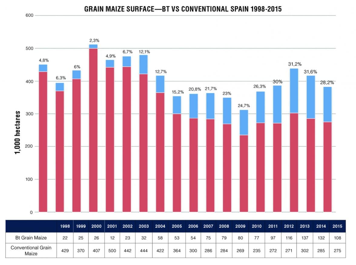 Figure 2. Spain’s GM Maize surface as a percentage of conventional maize surface. 