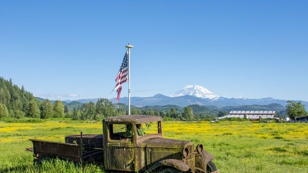 old truck, mountains, farm, field, american flag