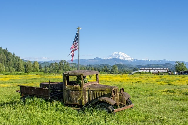 old truck, mountains, farm, field, american flag