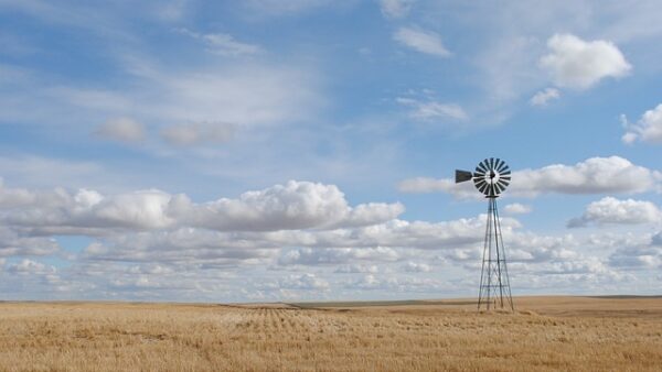 farm, windmill, crops, clouds