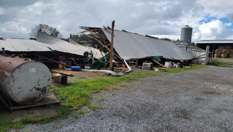 Storm damage, damaged farm, hurricane helene