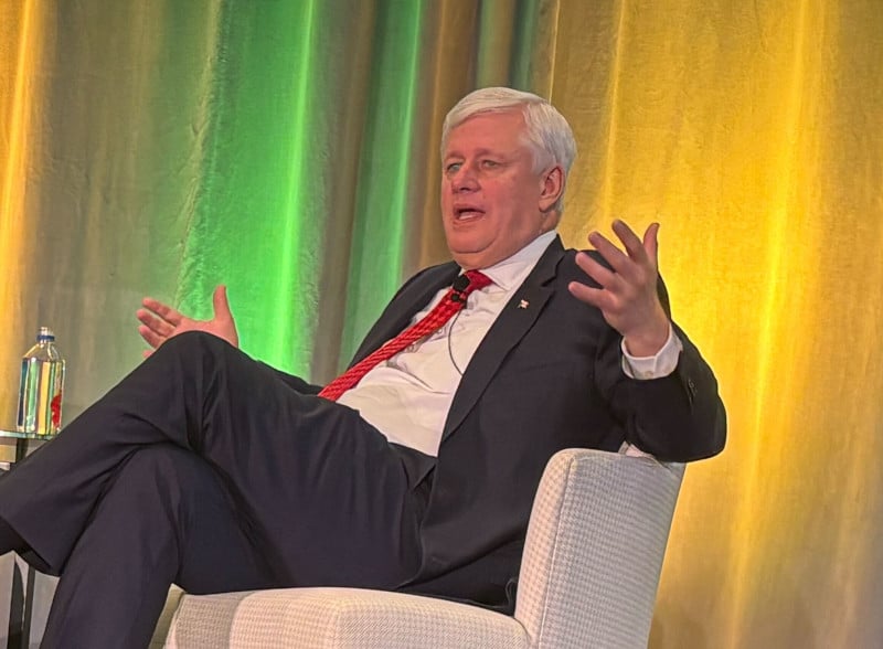 Former prime minister Stephen Harper speaks at today's Canadian Crops Convention in Edmonton. Photo: Dawn Ius.