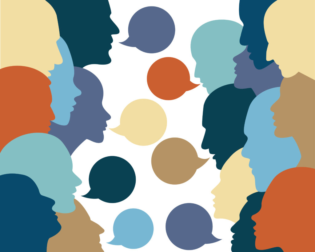 People profile heads in dialogue.