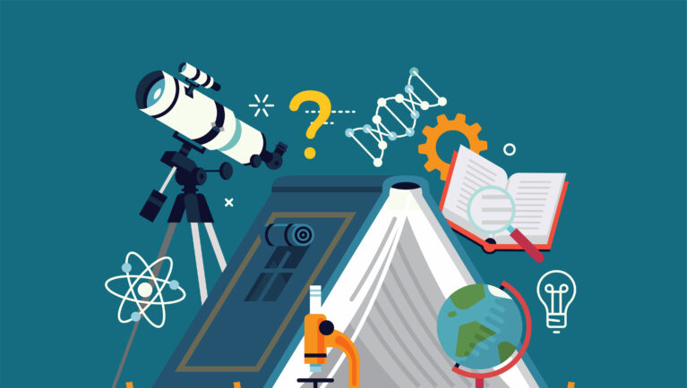 Cool flat design graphic element on science camp with telescope, microscope, science themed graphic elements and a camping tent in the shape of open book