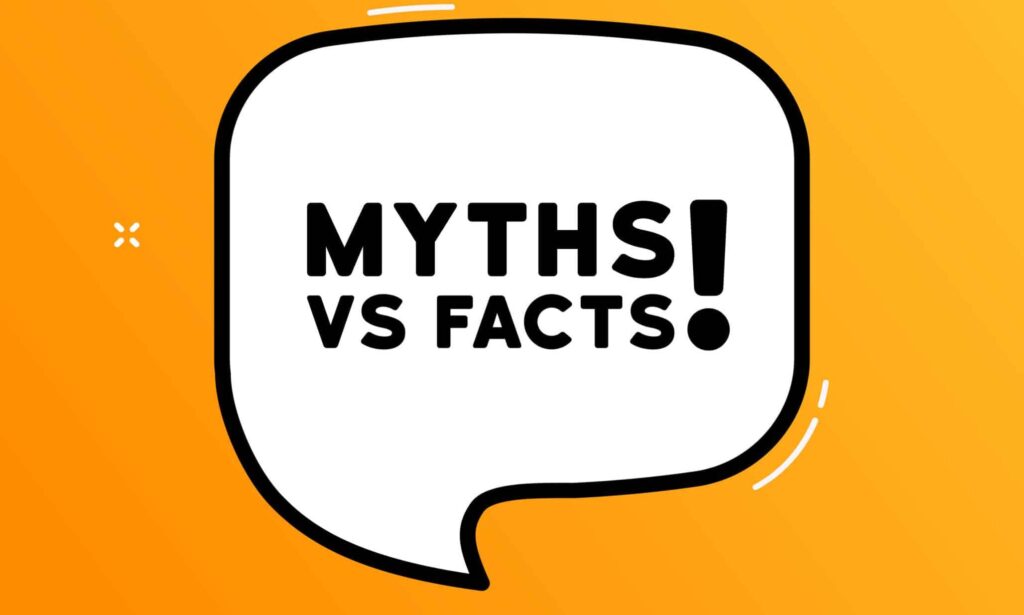 Speech bubble with Myths vs facts text. Boom retro comic style. Pop art style.