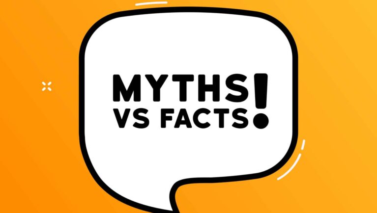 Speech bubble with Myths vs facts text. Boom retro comic style. Pop art style.