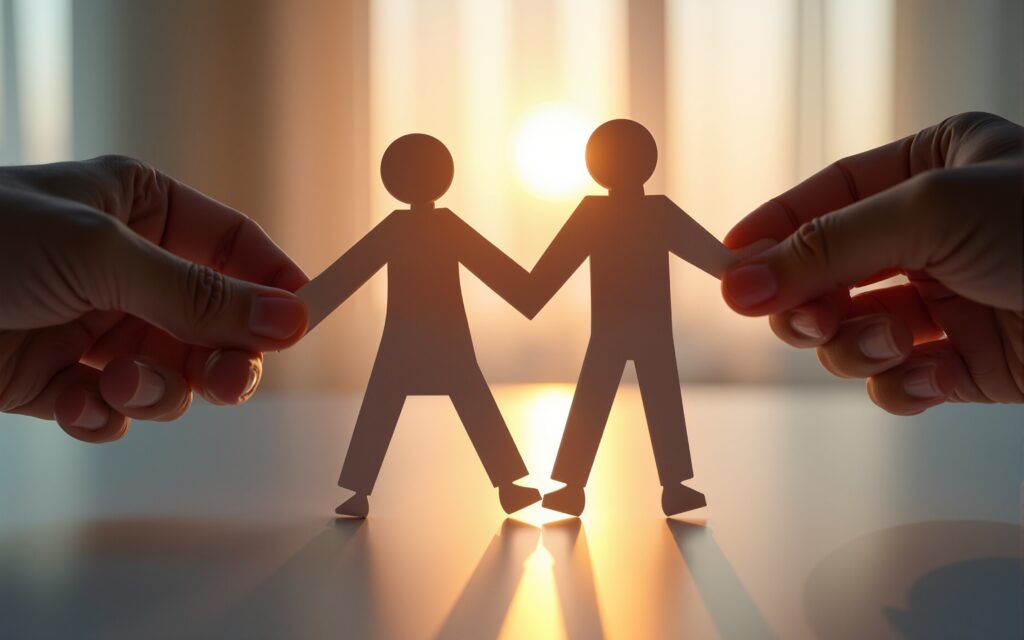 Leader hands shielding a connected paper people chain symbolizing inclusive team trust safety and compassionate workplace culture with warm light. High quality