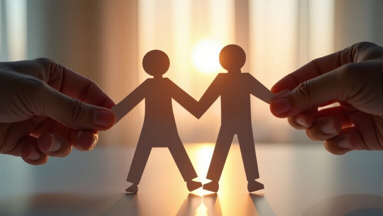 Leader hands shielding a connected paper people chain symbolizing inclusive team trust safety and compassionate workplace culture with warm light. High quality