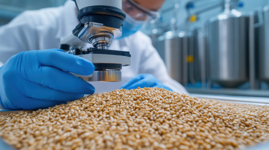 Close up of researcher examining grains under microscope, showcasing detailed analysis and precision in laboratory setting