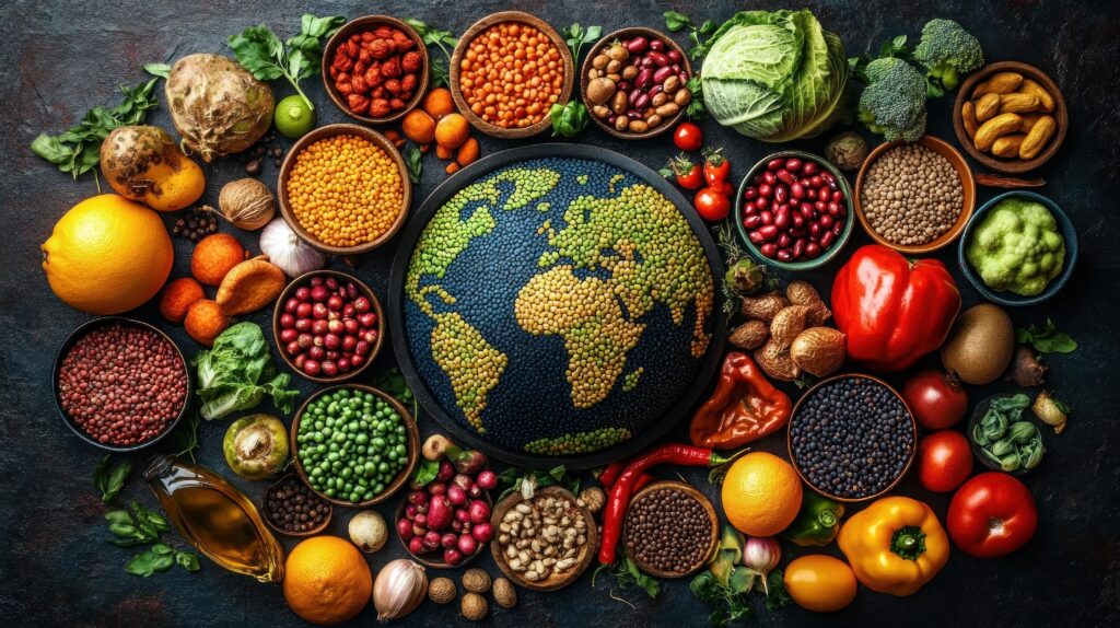 bountiful globe of colorful lentils and beans in a bowl surrounded by vibrant fruits, vegetables, nuts, herbs and spices, conveying nourishing abundance and global unity