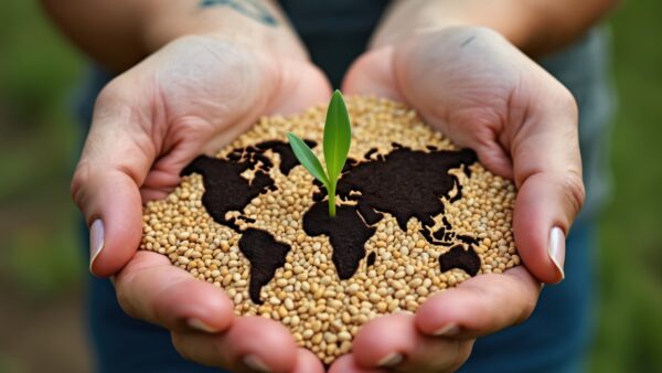Hands cradle seeds shaped into a world map with a young sprout growing. Symbolizes global food security and sustainable, farming practices for future generations.