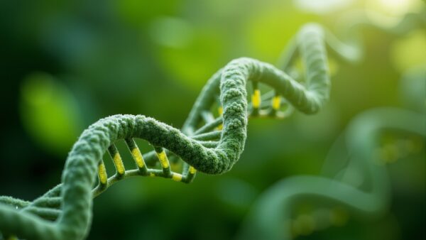 Conceptual image of CRISPR gene editing on plant DNA. Green tones and leafy textures symbolize agricultural biotechnology and nature integration.