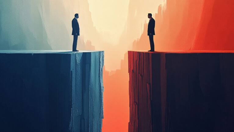 A political debate stage split in half, with figures standing on either side of a deep chasm, representing the divide in discourse