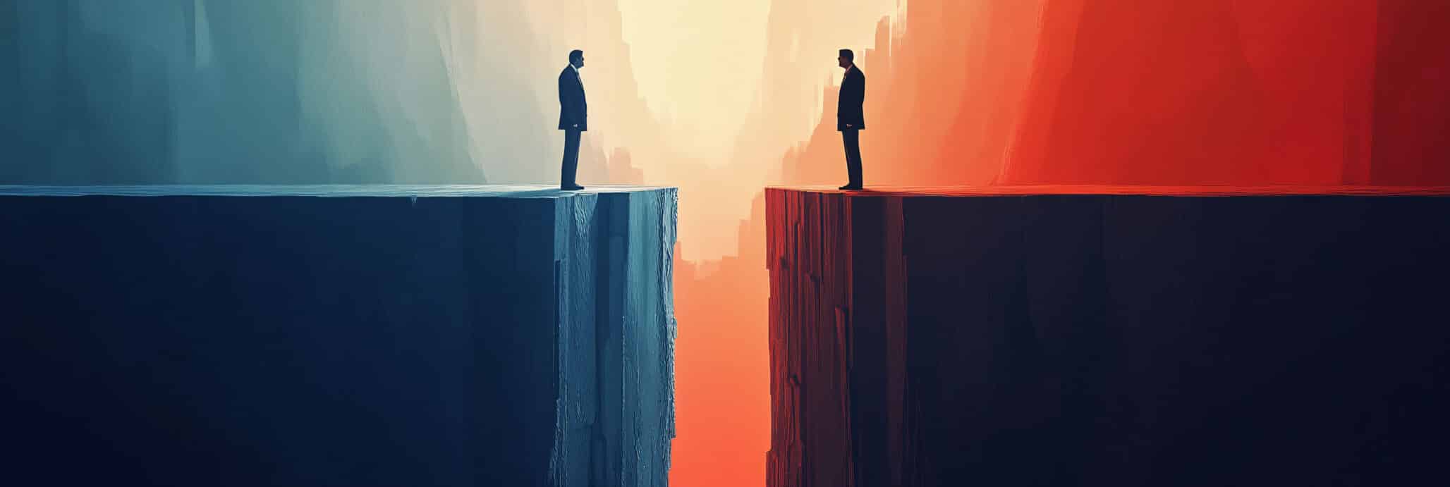 A political debate stage split in half, with figures standing on either side of a deep chasm, representing the divide in discourse