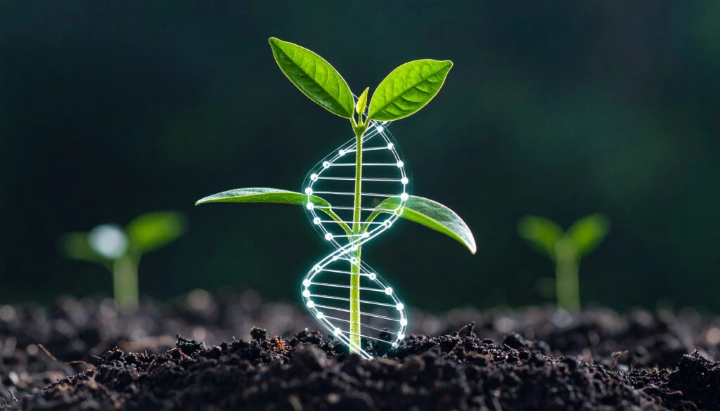 concept of green biotechnology or synthetic biology, graphic of plant with DNA.