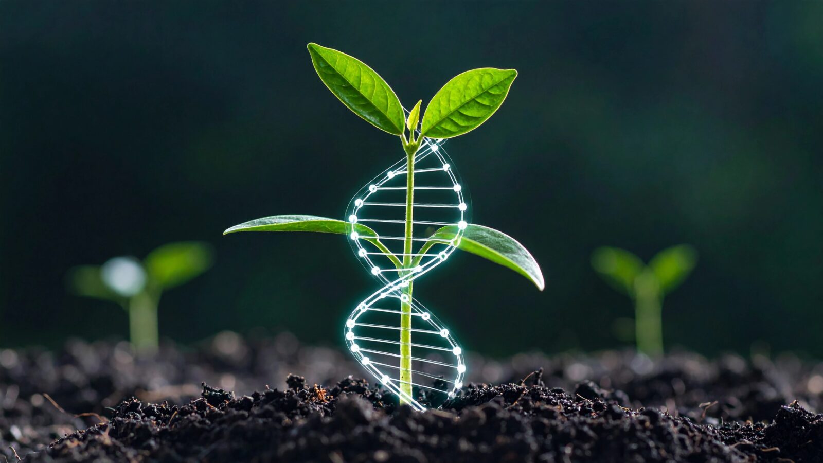 concept of green biotechnology or synthetic biology, graphic of plant with DNA.