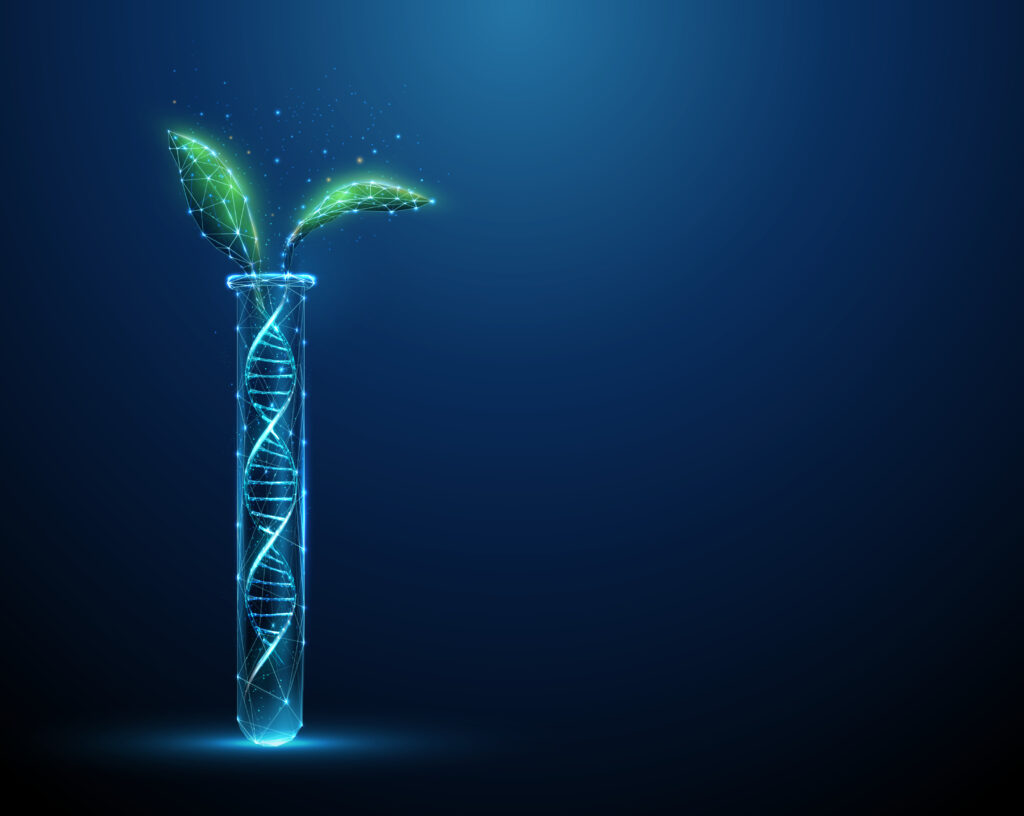 Green plant leafs growing from DNA molecule helix in test tube.
