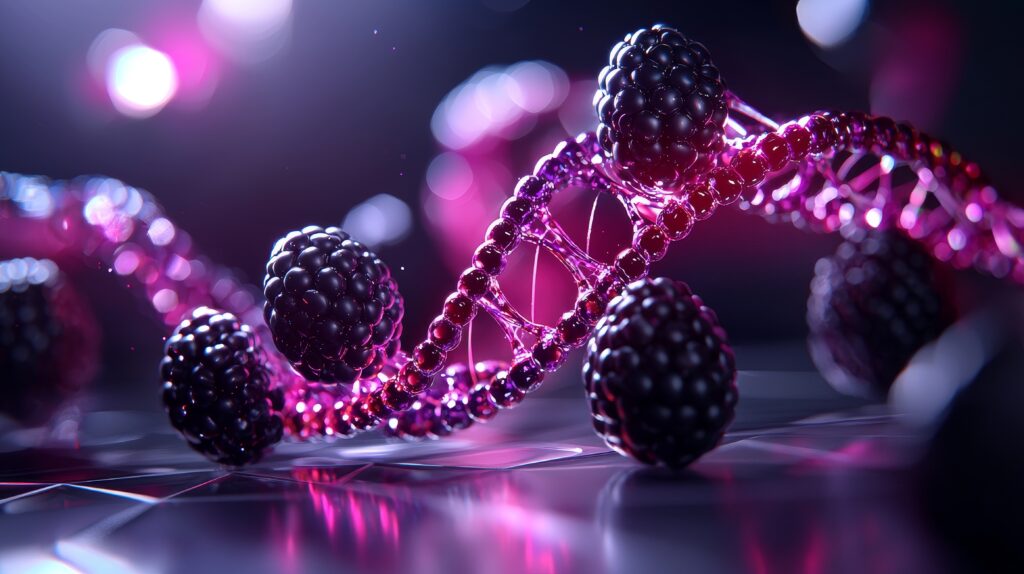 Blackberries in lab setting, detailed glowing DNA strands inside each berry, intense colors, surrealist biotech imagery
