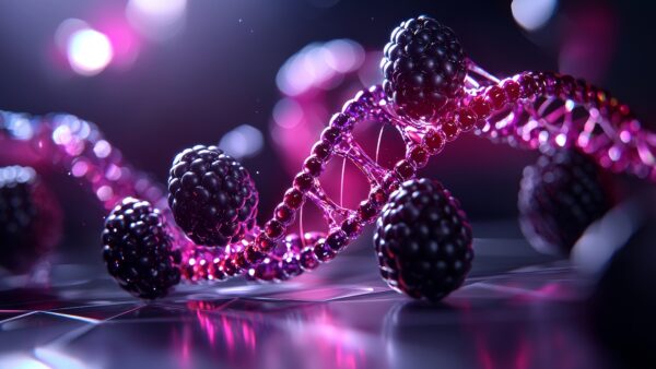 Blackberries in lab setting, detailed glowing DNA strands inside each berry, intense colors, surrealist biotech imagery