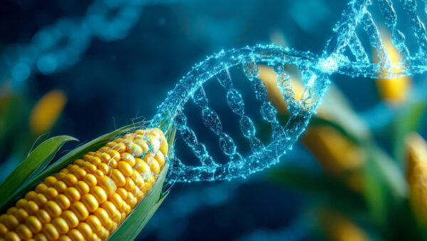Genetically modified corn with luminous DNA helix, a biotechnology and genetic engineering concept for agricultural innovation