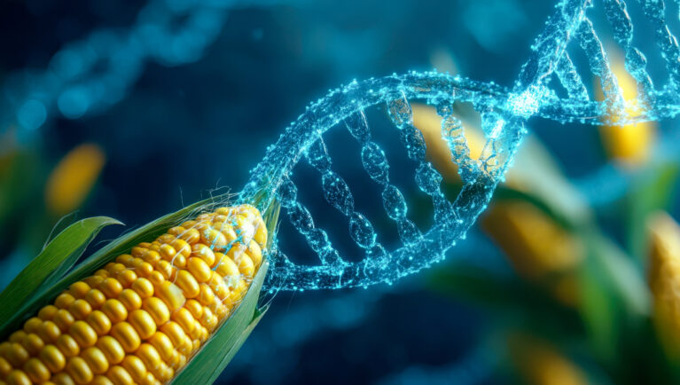 Genetically modified corn with luminous DNA helix, a biotechnology and genetic engineering concept for agricultural innovation
