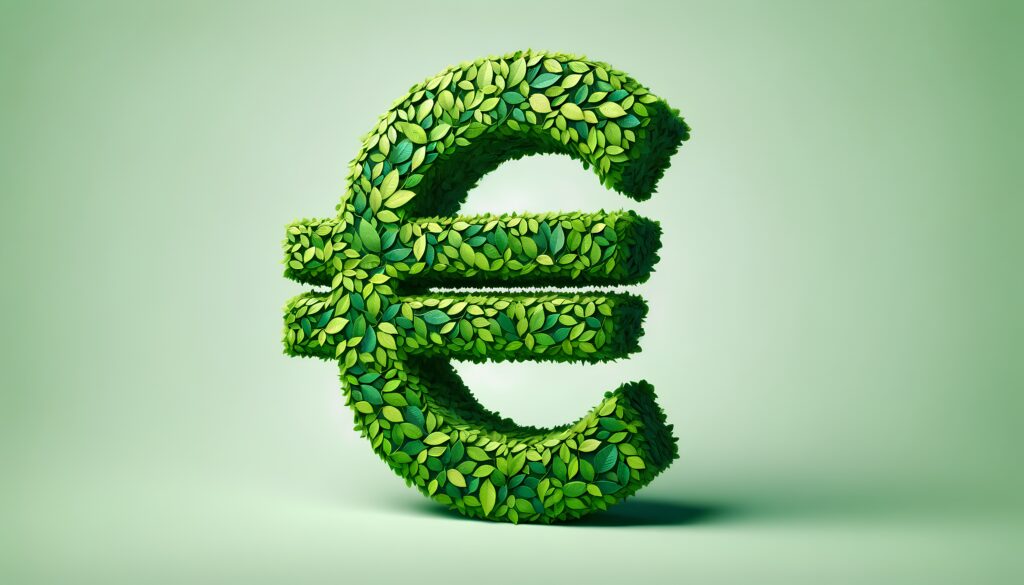 Euro currency symbol, creatively fashioned out of fresh leaves, symbolizing the European Unions commitment to environmentally sustainable initiatives and promoting eco-friendly economic growth