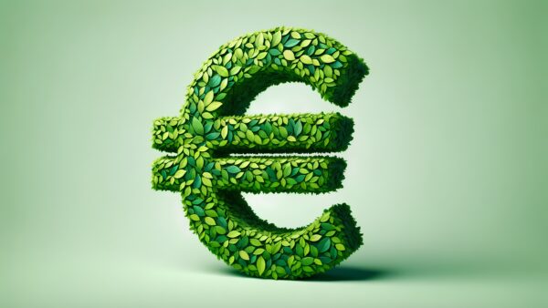 Euro currency symbol, creatively fashioned out of fresh leaves, symbolizing the European Unions commitment to environmentally sustainable initiatives and promoting eco-friendly economic growth
