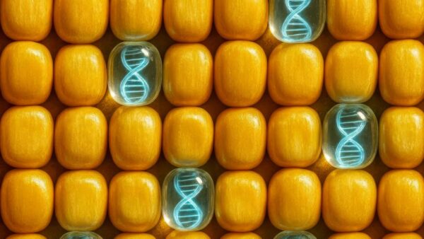 Yellow Corn Kernels with Blue DNA Helix Glow