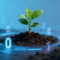 Smart greenhouse with young plant illuminated by digital data streams, symbolizing innovation, AI technology, sustainability, and eco-friendly agriculture for modern farming and future food production