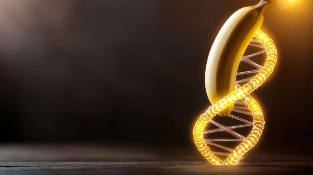 A banana suspended in a glowing DNA helix structure. Fruit with abstract science background.