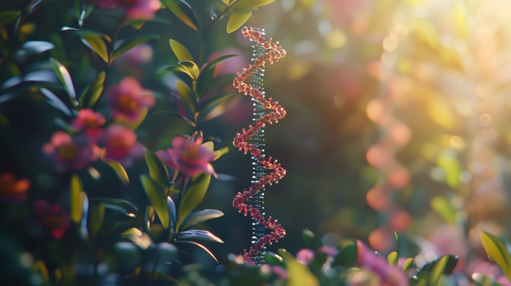 Dna strand amidst vibrant flowers, symbolizing genetic engineering in plant life.
