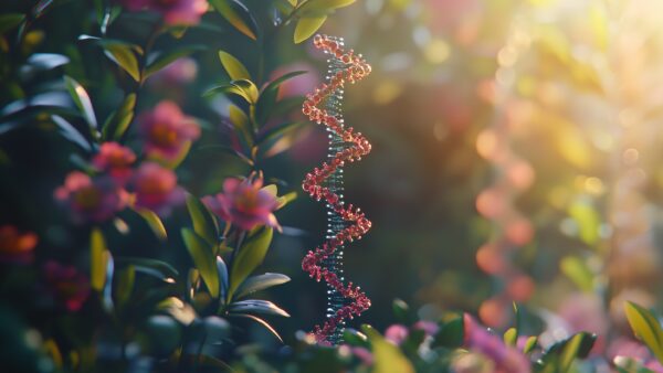 Dna strand amidst vibrant flowers, symbolizing genetic engineering in plant life.