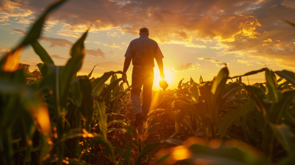 Farmer walking in a corn field at sunset