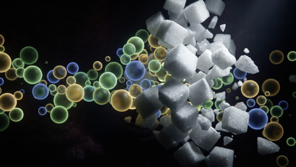 Abstract sugar cubes and colorful molecules healthy nutrition metabolism energy vibrant scientific conceptual dynamic glowing closeup