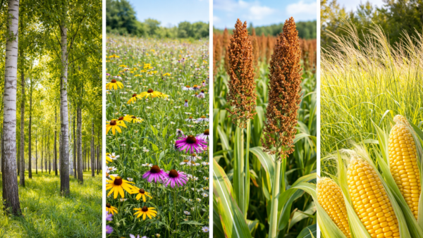 corn, poplar, sorghum, mixed prairie, switchgrass