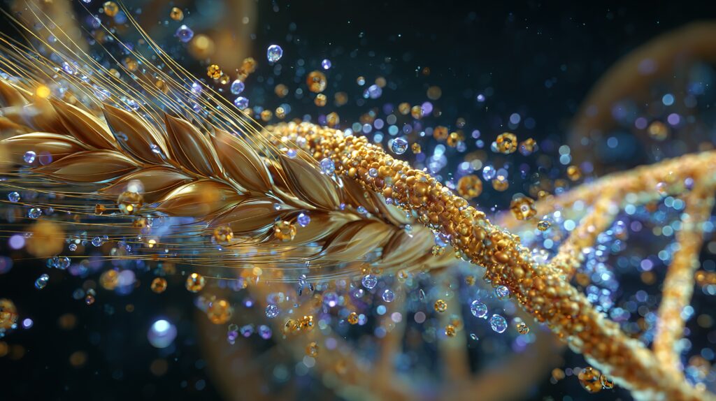 AgriTech and Future Food Vision, DNA-Wrapped Wheat with Orbiting Sugars Symbolizes Genetic Crop Improvement and Nutritional Enhancement