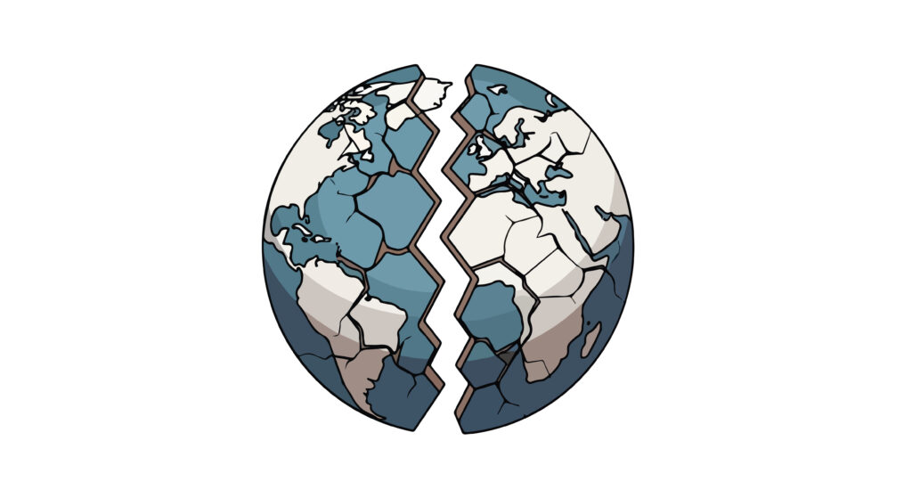 Illustration of a cracked globe with a white background representing geopolitic tensions and global instability.