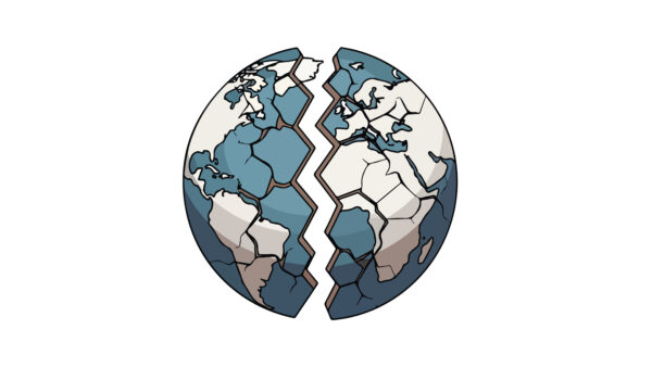 Illustration of a cracked globe with a white background representing geopolitic tensions and global instability.