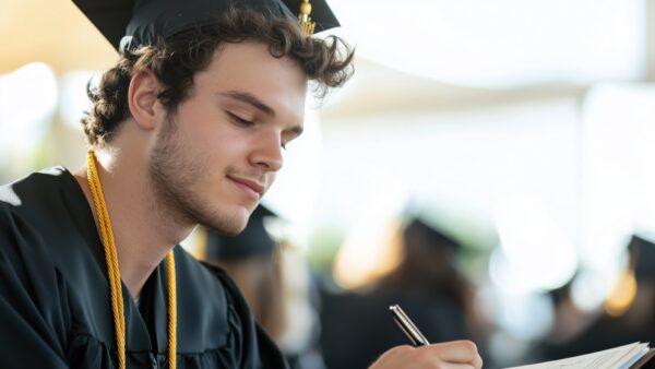 Graduates Celebrating with Yearbook Signatures at Ceremony Tent