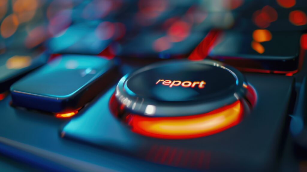 Close-up of a gaming keyboard with a glowing report button.