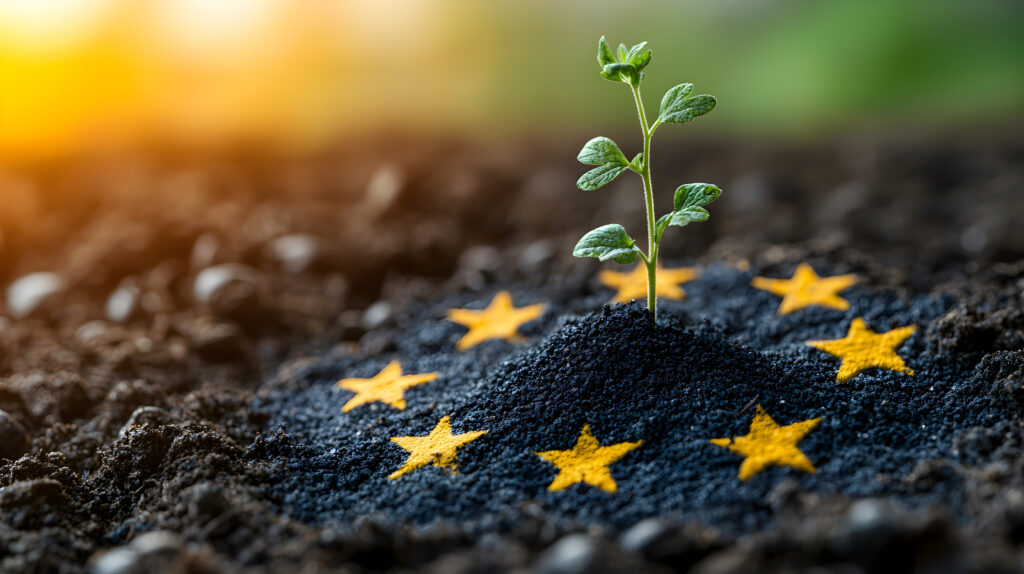 Seedling emerging from soil with European Union stars backdrop