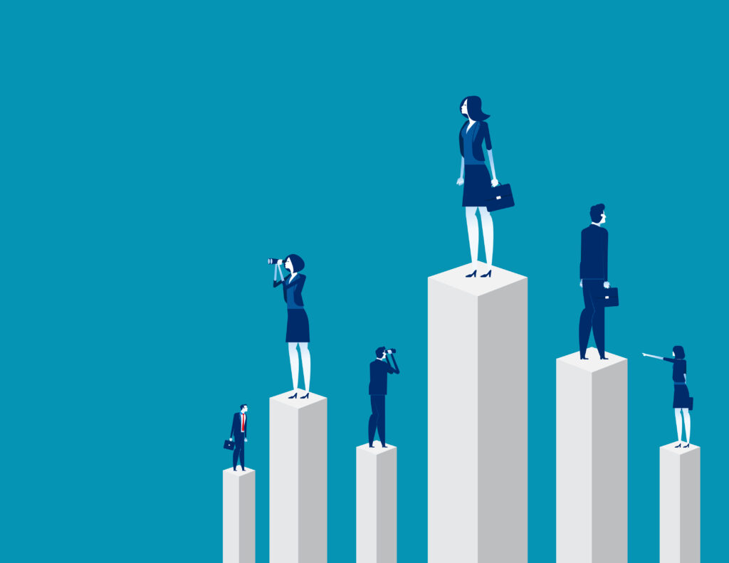 Business team and partner standing on charts, Concept business vector, Cube shape, Achievement, Geometric shape.
