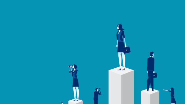 Business team and partner standing on charts, Concept business vector, Cube shape, Achievement, Geometric shape.