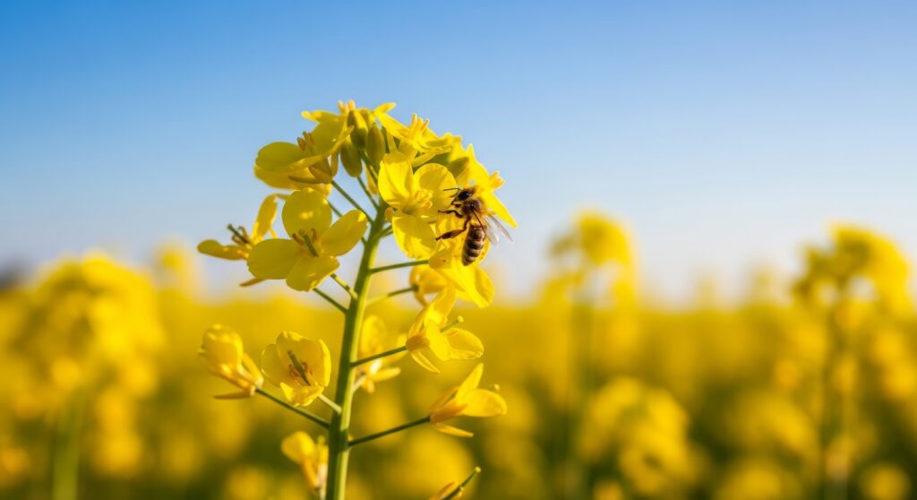 Honey bee on vibrant yellow rapeseed flower in field under clear blue sky, close-up