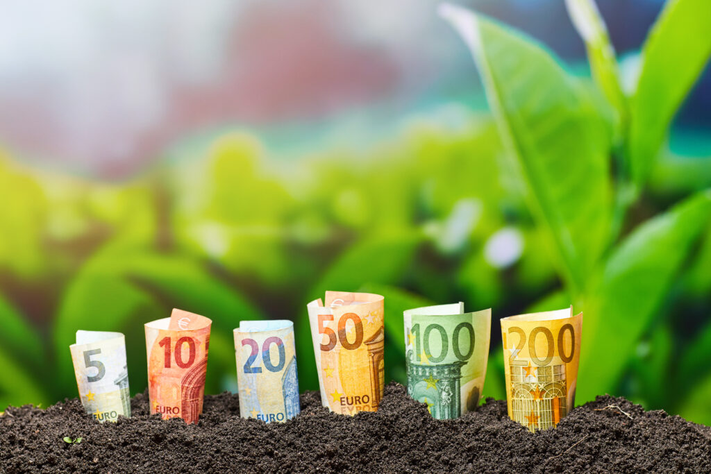 Euro Money. Different Euro banknotes from 5 to 200 Euro. Money and Agriculture texture.
