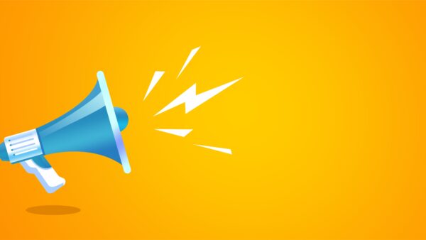 blue realistic 3d megaphone vector illustration on yellow background, loudspeaker concept of join us, job vacancy and announcement in modern flat cartoon style design